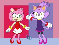 Size: 2112x1632 | Tagged: safe, artist:asteriskdatboi, amy rose, blaze the cat, cat, hedgehog, 2020, amy x blaze, cute, female, females only, gymnastic outfit, lesbian, looking at viewer, mouth open, shipping