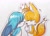 Size: 2048x1463 | Tagged: safe, artist:tomii_pepe, kit the fennec, miles "tails" prower, 2023, blushing, cute, duo, eye clipping through hair, eyes closed, gay, kit x tails, kitabetes, mouth open, noses are touching, nuzzle, open smile, shipping, side view, smile, standing, tailabetes, traditional media