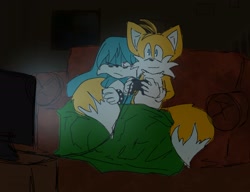 Size: 2048x1575 | Tagged: safe, artist:selcouthenfer, kit the fennec, miles "tails" prower, 2023, abstract background, blanket, controller, couch, duo, gaming, gay, indoors, kitails, looking at something, one eye closed, shipping, sitting, tail hug, tv