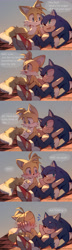 Size: 1988x6890 | Tagged: safe, artist:c52278, artist:狗不理栗子好吃吗, miles "tails" prower, sonic the hedgehog, blushing, comic, covering face, dialogue, duo, english text, eyes closed, flustered, gay, looking at them, mouth open, outdoors, shipping, sitting, smile, sonic x tails, talking