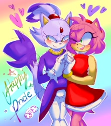 Size: 815x924 | Tagged: safe, artist:cockar00miss, amy rose, blaze the cat, cat, hedgehog, 2022, amy x blaze, amy's halterneck dress, blaze's tailcoat, blushing, cute, female, females only, hearts, holding hands, lesbian, one eye closed, pride, shipping