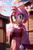Size: 512x768 | Tagged: safe, ai art, artist:mobians.ai, amy rose, abstract background, cherry blossom petals, cherry blossom tree, daytime, holding something, japan, japanese clothes, kimono, looking at viewer, outdoors, smile, solo, standing, tree