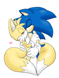 Size: 480x640 | Tagged: safe, artist:zehn, miles "tails" prower, sonic the hedgehog, 2013, blushing, duo, eyes closed, gay, heart, heart tail, holding each other, kiss, shipping, simple background, sonic x tails, standing, white background