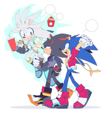 Size: 1829x2048 | Tagged: safe, artist:anhvo3511, shadow the hedgehog, silver the hedgehog, sonic the hedgehog, alternate universe, au:darkleading, drink, drinking, food, holding something, jacket, milkshake, psychokinesis, shadow (lighting), simple background, trio, walking, white background