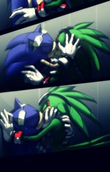 Size: 564x880 | Tagged: safe, artist:einnharder, jet the hawk, sonic the hedgehog, abstract background, alternate universe, au:fall into the void, blushing ears, duo, eyes closed, gay, holding each other, jet x sonic, kiss, panels, rough, shipping, sonic riders, sweatdrop