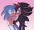 Size: 1800x1600 | Tagged: safe, artist:unmonn, shadow the hedgehog, sonic the hedgehog, annoyed, chipped ear, drool, duo, ear fluff, frown, gay, gradient background, holding each other, looking at viewer, looking back at viewer, one fang, saliva, shadow x sonic, shipping, signature, standing, top surgery scars, trans male, transgender