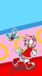 Size: 1500x2668 | Tagged: safe, artist:boiled walrus, amy rose, flicky, sonic adventure, abstract background, duo, flying, lily, looking at each other, outline, ring, running, shadow (lighting)