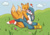 Size: 2048x1445 | Tagged: safe, artist:meltingshards, kit the fennec, miles "tails" prower, beanbrows, blushing, brown tipped ears, chipped ear, clouds, cute, daytime, duo, eyes closed, flower, gay, grass, heart, hill, hugging, hugging from behind, kit x tails, kneeling, looking at them, looking back, looking back at them, no pupils, outdoors, shipping, sitting