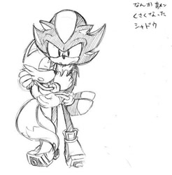 Size: 480x488 | Tagged: artist needed, safe, miles "tails" prower, shadow the hedgehog, carrying them, frown, gay, japanese text, looking ahead, shadow x tails, shipping, simple background, sketch, sleeping, solo, standing, white background