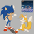 Size: 676x680 | Tagged: dead source, safe, artist:chaoparks, miles "tails" prower, sonic the hedgehog, age difference, blushing, cross popping vein, duo, gay, grey background, looking at them, redraw, reference inset, shipping, simple background, sitting, smile, sonic advance 3, sonic x tails, standing