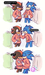 Size: 1233x2048 | Tagged: dead source, safe, artist:magicstormfrost, shadow the hedgehog, sonic the hedgehog, abstract background, blushing, cute, dialogue, duo, english text, eyes closed, floppy ears, gay, heart, nuzzle, shadow x sonic, shadowbetes, shipping, sonabetes, speech bubble, standing, sweater, words on a shirt