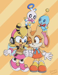 Size: 1537x1995 | Tagged: safe, artist:itoruna-the-platypus, cheese (chao), cream the rabbit, saffron bee, chao, hero chao, heterochromia, neutral chao