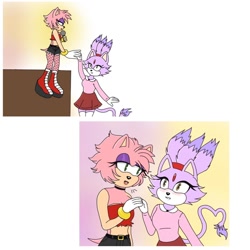 Size: 1080x1080 | Tagged: safe, artist:nursemeww, amy rose, blaze the cat, cat, hedgehog, 2020, amy x blaze, cute, female, females only, heart tail, holding hands, lesbian, looking at each other, microphone, shipping, singing