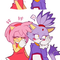 Size: 1080x1074 | Tagged: safe, artist:toondipz, amy rose, blaze the cat, cat, hedgehog, 2023, amy x blaze, amy's halterneck dress, blaze's tailcoat, blushing, cute, eyes closed, female, females only, hand on cheek, lesbian, shipping