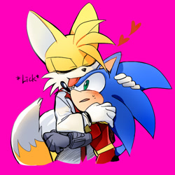 Size: 700x700 | Tagged: safe, artist:lujji, miles "tails" prower, sonic the hedgehog, zonic the zone cop, 2013, aged up, blushing, duo, gay, heart, holding each other, licking, older, pink background, sfx, shipping, simple background, sonic x tails, surprised, sweatdrop, zails, zontails