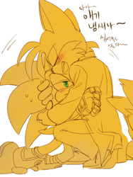 Size: 480x640 | Tagged: safe, artist:lujji, miles "tails" prower, sonic the hedgehog, zonic the zone cop, 2013, blushing, crouching, duo, eyes closed, gay, hugging, lidded eyes, looking at them, monochrome, mouth open, shipping, simple background, sweatdrop, white background, yellow, zails, zontails