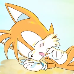 Size: 988x988 | Tagged: safe, artist:kptya, miles "tails" prower, 2023, blushing, classic tails, cute, eyes closed, lying down, mouth open, sleeping, solo, tailabetes