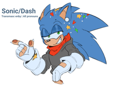 Size: 2048x1447 | Tagged: dead source, safe, artist:aweirdcupofink, sonic the hedgehog, bandana, bust, claws, english text, fingerless gloves, lidded eyes, nonbinary, pawpads, pointing, simple background, smile, solo, sticker, transgender, transmasculine, white background