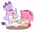 Size: 1700x1500 | Tagged: safe, artist:chimialotl, amy rose, blaze the cat, cat, hedgehog, 2023, amy x blaze, amy's halterneck dress, cake, cute, duo, eyes closed, feeding, female, females only, food, holding something, lesbian, looking at something, mouth open, shipping, simple background, smile, spoon, table, white background