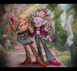 Size: 1080x1002 | Tagged: safe, artist:n01dmagemog, amy rose, blaze the cat, cat, hedgehog, 2023, amy x blaze, cute, female, females only, lesbian, outdoors, peace sign, phone, selfie, shipping