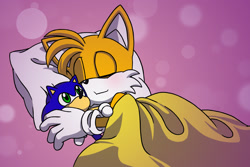 Size: 1800x1200 | Tagged: safe, artist:hyrulepirate, miles "tails" prower, 2023, abstract background, bed, blushing, eyes closed, gay, lying on side, pillow, shipping, sleeping, smile, solo, sonic x tails, stuffed animal