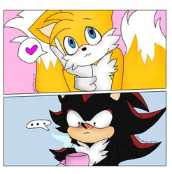 Size: 526x534 | Tagged: safe, artist:nathydash, miles "tails" prower, shadow the hedgehog, ..., 2021, :3, blushing, cute, duo, gay, head rest, heart, holding something, mug, panels, shadow x tails, shadowbetes, shipping, signature, simple background, tailabetes