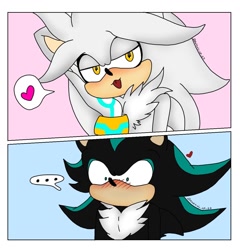 Size: 1150x1200 | Tagged: safe, artist:nathydash, mephiles the dark, silver the hedgehog, ..., 2021, :3, alternate version, blushing, cute, duo, gay, head rest, heart, holding something, lidded eyes, mephilver, mug, panels, shadow x tails, shipping, shrunken pupils, signature, simple background