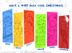 Size: 5456x4050 | Tagged: safe, artist:alivingflame, honey the cat, knuckles the echidna, miles "tails" prower, sally acorn, sonic the hedgehog, vector the crocodile, human, character sheet, christmas, humanized, redesign, species swap