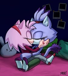 Size: 1080x1208 | Tagged: safe, artist:tayoki10, amy rose, blaze the cat, cat, hedgehog, 2023, amy x blaze, cute, eyes closed, female, females only, hand on cheek, kiss, lesbian, shipping