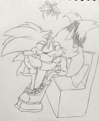 Size: 1671x2048 | Tagged: safe, artist:cjjp8, artist:jeffydust, miles "tails" prower, sonic the hedgehog, 2023, aged up, boots, christmas, christmas outfit, coat, duo, gay, holding each other, lidded eyes, line art, looking at each other, mistletoe, older, one fang, pencilwork, pillow, scarf, shipping, sitting, smile, sonic x tails, standing, traditional media