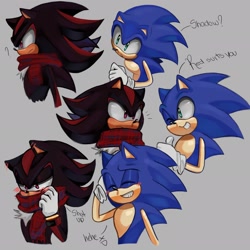 Size: 2048x2048 | Tagged: safe, artist:laaayayala, shadow the hedgehog, sonic the hedgehog, 2023, alternate version, blushing, bust, dialogue, duo, english text, eyes closed, frown, gay, grey background, lidded eyes, question mark, scarf, shadow x sonic, shipping, simple background, smile, standing, xd