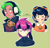 Size: 1461x1408 | Tagged: safe, artist:choccy-milkshake, charmy bee, espio the chameleon, vector the crocodile, human, eye clipping through hair, frown, green background, humanized, licking lips, one eye closed, outline, signature, simple background, smile, tan skin, team chaotix, tongue out, trio