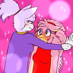 Size: 1080x1080 | Tagged: safe, artist:kawaii_blue18, amy rose, blaze the cat, cat, hedgehog, 2023, amy x blaze, amy's halterneck dress, blaze's tailcoat, cute, female, females only, lesbian, looking at each other, pinning them, shipping, sparkles