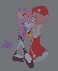 Size: 1080x1328 | Tagged: safe, artist:dgg_0001, amy rose, blaze the cat, cat, hedgehog, 2023, amy x blaze, blushing, cute, female, females only, holding hands, lesbian, shipping