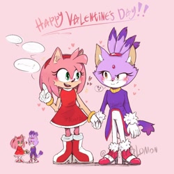 Size: 1080x1080 | Tagged: safe, artist:cosmicaltar_, amy rose, blaze the cat, cat, hedgehog, 2023, amy x blaze, amy's halterneck dress, blaze's tailcoat, blushing, cute, exclamation mark, female, females only, holding hands, lesbian, looking at each other, shipping, speech bubble, valentine's day