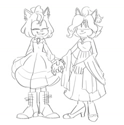 Size: 1280x1288 | Tagged: safe, artist:ffc1cb, amy rose, blaze the cat, cat, hedgehog, 2017, amy x blaze, cute, dress, eyes closed, female, females only, heels, holding hands, lesbian, line art, shipping, sketch