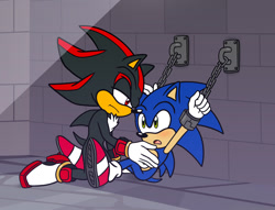 Size: 1308x1000 | Tagged: safe, artist:zaychao, shadow the hedgehog, sonic the hedgehog, bondage, chain, gay, shackles, shadow x sonic, shipping