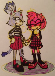 Size: 930x1280 | Tagged: safe, artist:apeculiarartist, amy rose, blaze the cat, cat, hedgehog, 2017, amy x blaze, cute, eyes closed, female, females only, holding hands, lesbian, looking at them, shipping, traditional media