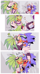 Size: 1654x3072 | Tagged: safe, artist:yu33_pm, jet the hawk, sonic the hedgehog, abstract background, bandana, blushing, cute, duo, exclamation mark, gay, heart, holding them, jet x sonic, jetabetes, kiss, medal, shipping, sonabetes, sonic riders, standing, top surgery scars, trans male, transgender, yellow sclera