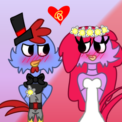 Size: 1280x1280 | Tagged: safe, artist:bluedeerfox14, scratch, oc, adventures of sonic the hedgehog, blushing, bowtie, canon x oc, duo, flower, flower crown, heart, top hat, wedding, wedding dress