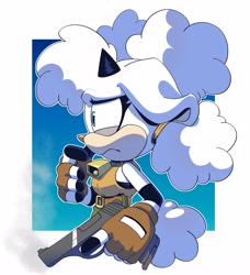 Size: 3729x4096 | Tagged: safe, artist:thenovika, lanolin the sheep, gun, looking offscreen, nervous, solo