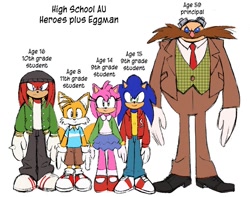 Size: 1200x945 | Tagged: safe, artist:queenie_draws, amy rose, knuckles the echidna, miles "tails" prower, robotnik, sonic the hedgehog, alternate universe, group, high school