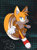 Size: 1065x1443 | Tagged: safe, artist:caelpio, miles "tails" prower, sonic frontiers, 2022, abstract background, arms out, clenched fists, fist, flying, frown, looking offscreen, looking up, male, modern tails, posing, signature, solo, spinning tails