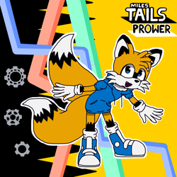 Size: 1024x1024 | Tagged: safe, artist:flameheart87, miles "tails" prower, abstract background, arms out, bending over, blue shoes, character name, chest fluff, cogwheel, colored ears, colored legs, colored tail, ear fluff, english text, fur markings, hoodie, looking up, modern tails, mouth open, one fang, redesign, smile, solo, standing