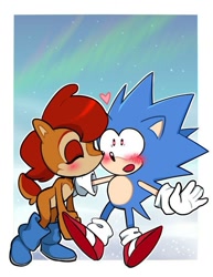 Size: 534x691 | Tagged: safe, artist:randy97133621, sally acorn, sonic the hedgehog, duo, kiss on cheek, sally x sonic, shipping, straight