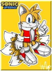 Size: 740x1000 | Tagged: safe, artist:wildertf, miles "tails" prower, sonic prime, 2022, concept outfit, english text, jacket, kitsune, logo, looking at viewer, nine tails, pointing, signature, simple background, smile, solo, standing, yellow background