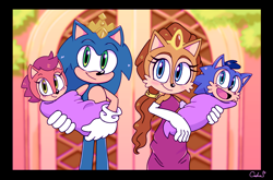 Size: 2200x1449 | Tagged: safe, artist:reinadecorazonez, manik acorn, sally acorn, sonia acorn, sonic the hedgehog, group, sally x sonic, shipping