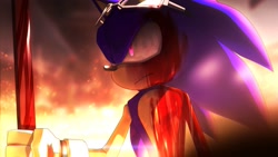 Size: 1191x670 | Tagged: dead source, semi-grimdark, artist:einnharder, sonic the hedgehog, abstract background, au:fall into the void, blood, blood stain, frown, glowing eyes, holding something, implied murder, lineless, looking offscreen, modern sonic, pink eyes, solo, sonic riders, standing, sunglasses