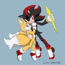 Size: 900x900 | Tagged: source needed, safe, artist:muimuitoby, miles "tails" prower, shadow the hedgehog, 2018, blue background, blushing, clenched teeth, duo, gay, holding each other, holding something, japanese text, looking at viewer, looking offscreen, mouth open, shadow x tails, shipping, simple background