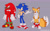 Size: 2048x1267 | Tagged: dead source, safe, artist:trashiiplant, knuckles the echidna, miles "tails" prower, sonic the hedgehog, frown, looking offscreen, male, males only, one fang, purple background, redesign, simple background, smile, standing, team sonic, top surgery scars, trans male, transgender, trio, trio male